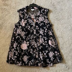 Avenue Sheer Floral Embroidered Sleeveless Shirt & Solid Black Tank Size 18/20